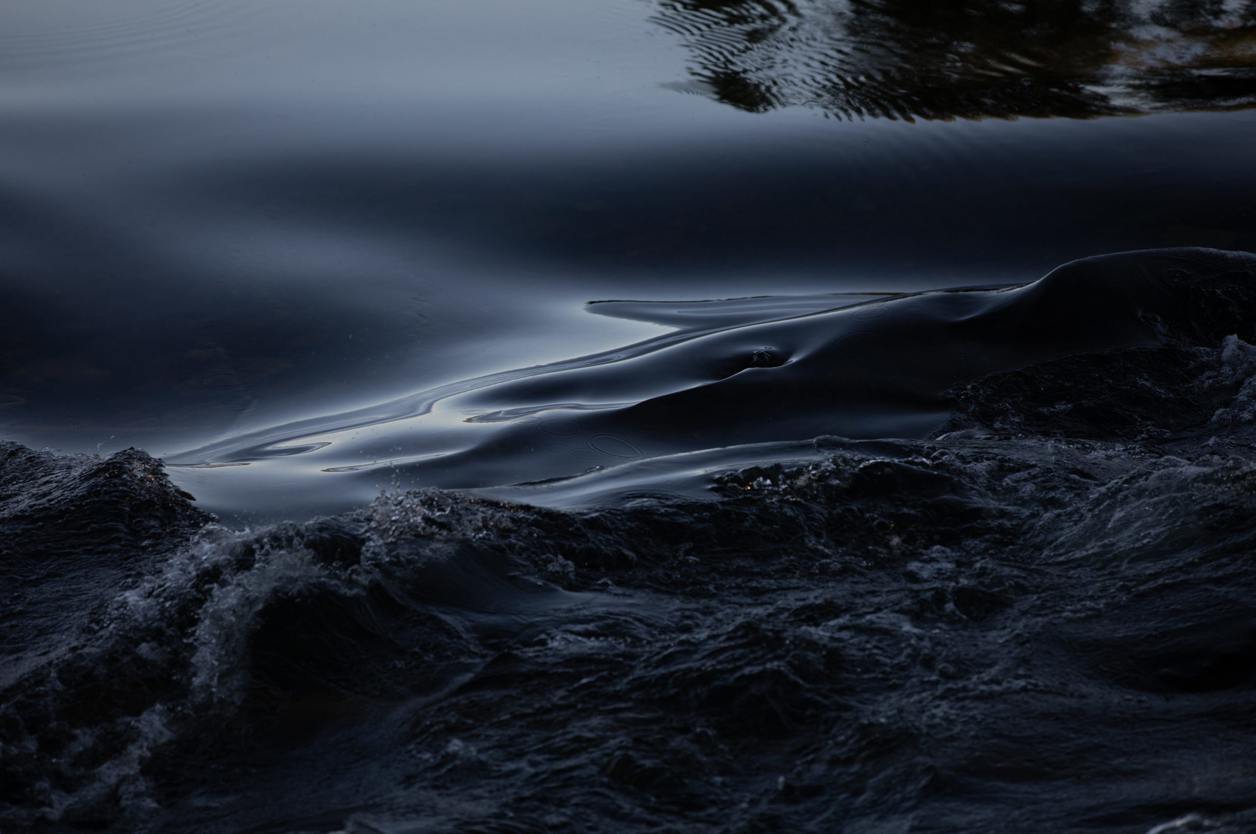 photo is of smooth, glassy water flowing in a stream.