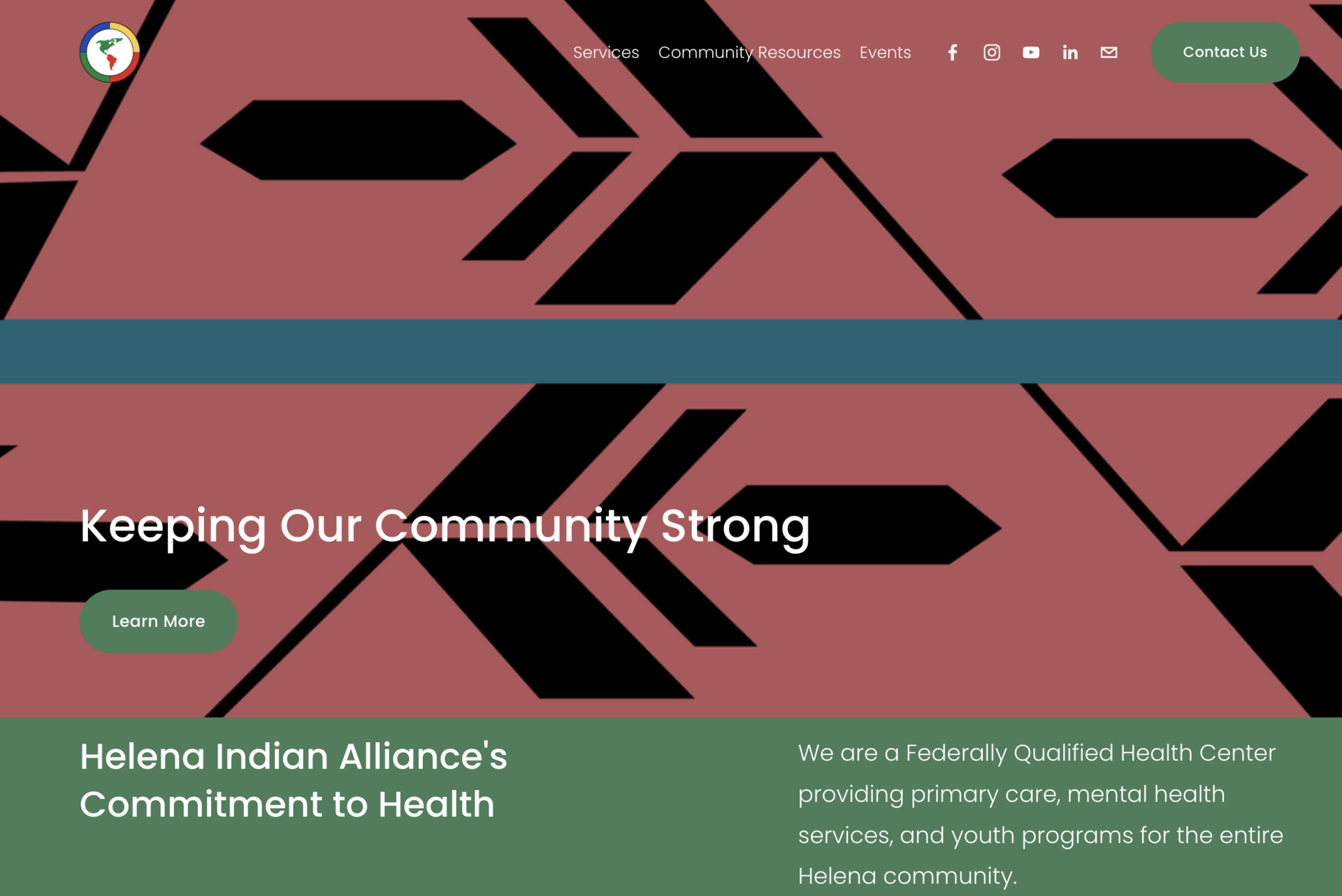pink and green web page with black designs on it, serving as the homepage of the Helena Indian Alliance.